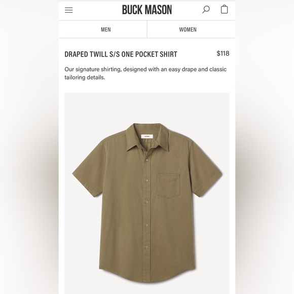 Buck Mason Olive Twill Short Sleeve Shirt - Picture 1 of 3